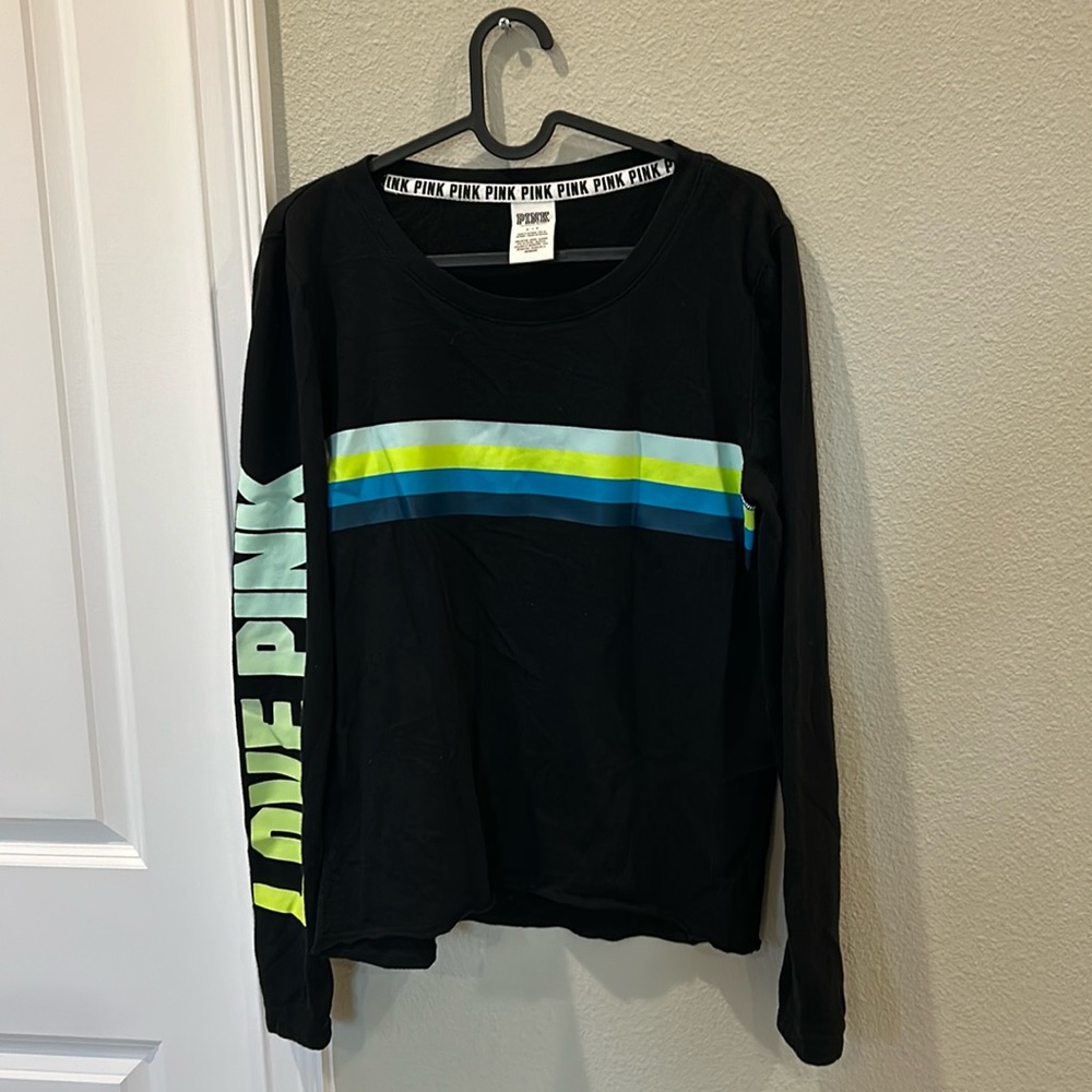 VS PINK black long sleeve top w/ multicolor stripes + brand logo
